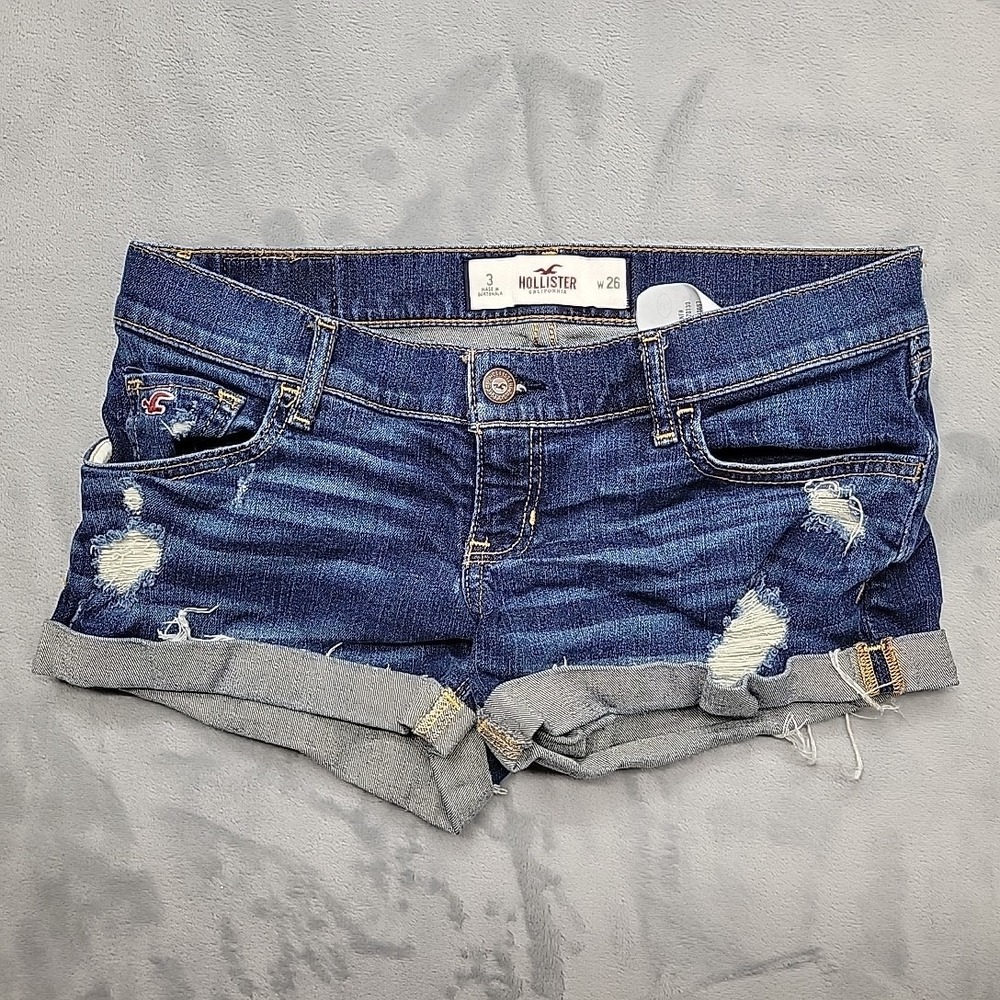 Hollister Shorts Womens 3 Blue Low Rise Distressed Denim Cuffed Summer Beach